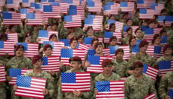 Members of the military listen to Secretary of Defense Pete Hegseth deliver remarks at Fort Bragg, North Carolina on Tuesday, June 10, 2025, during a visit to commemorate the 250th anniversary of the U.S. Army. (Official White House Photo by Daniel Torok)