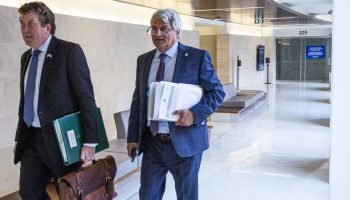 Public Accounts Committee chair Conservative MP John Williamson and Conservative MP Gérard Deltell arrive for the House of Commons Standing Committee on Public Accounts  on  Sept. 23, 2025. The Hill Times photograph by Andrew Meade