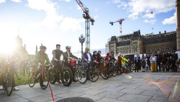 Parliamentarians set off for the Vélo Canada Bikes second annual Parliamentary Slow Bike Race on Parliament Hill on  Oct. 8, 2025, as part of Bike Day on the Hill. The Hill Times photograph by Andrew Meade